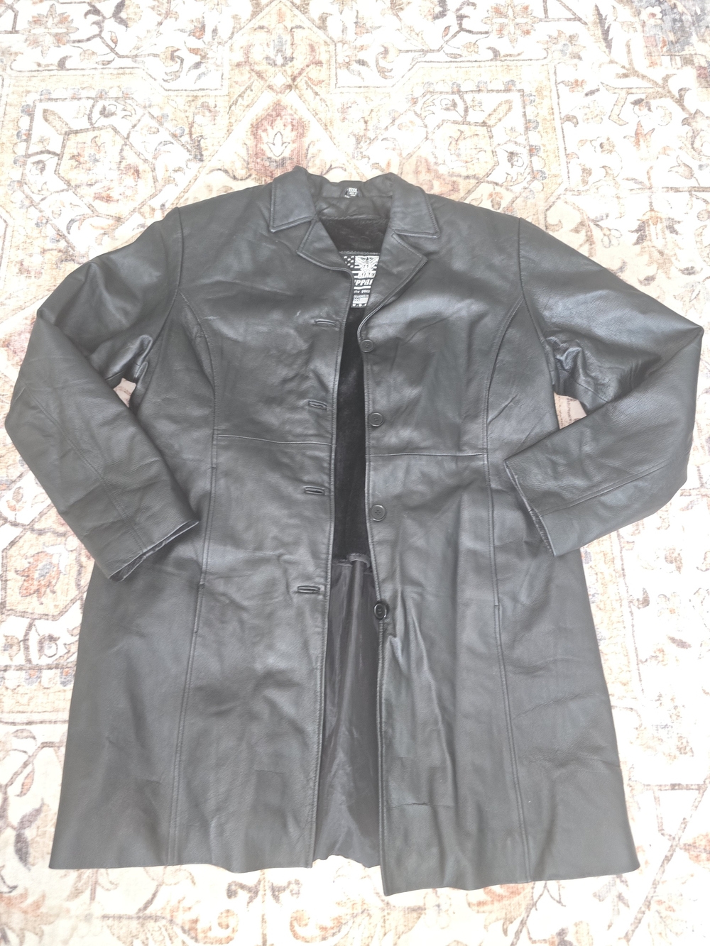 Vintage Women’s Black Leather Button-Front Trench Coat